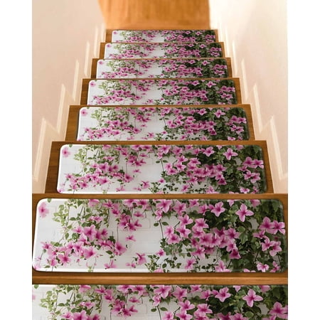 Pink Spring Floral Stair Treads for Wooden Steps Indoor Runner Rug Carpet Summer Flowers Farmhouse 10 Pieces Peel and Stick Staircase Step Treads Covers Washable Throw Door Mats 30 x8