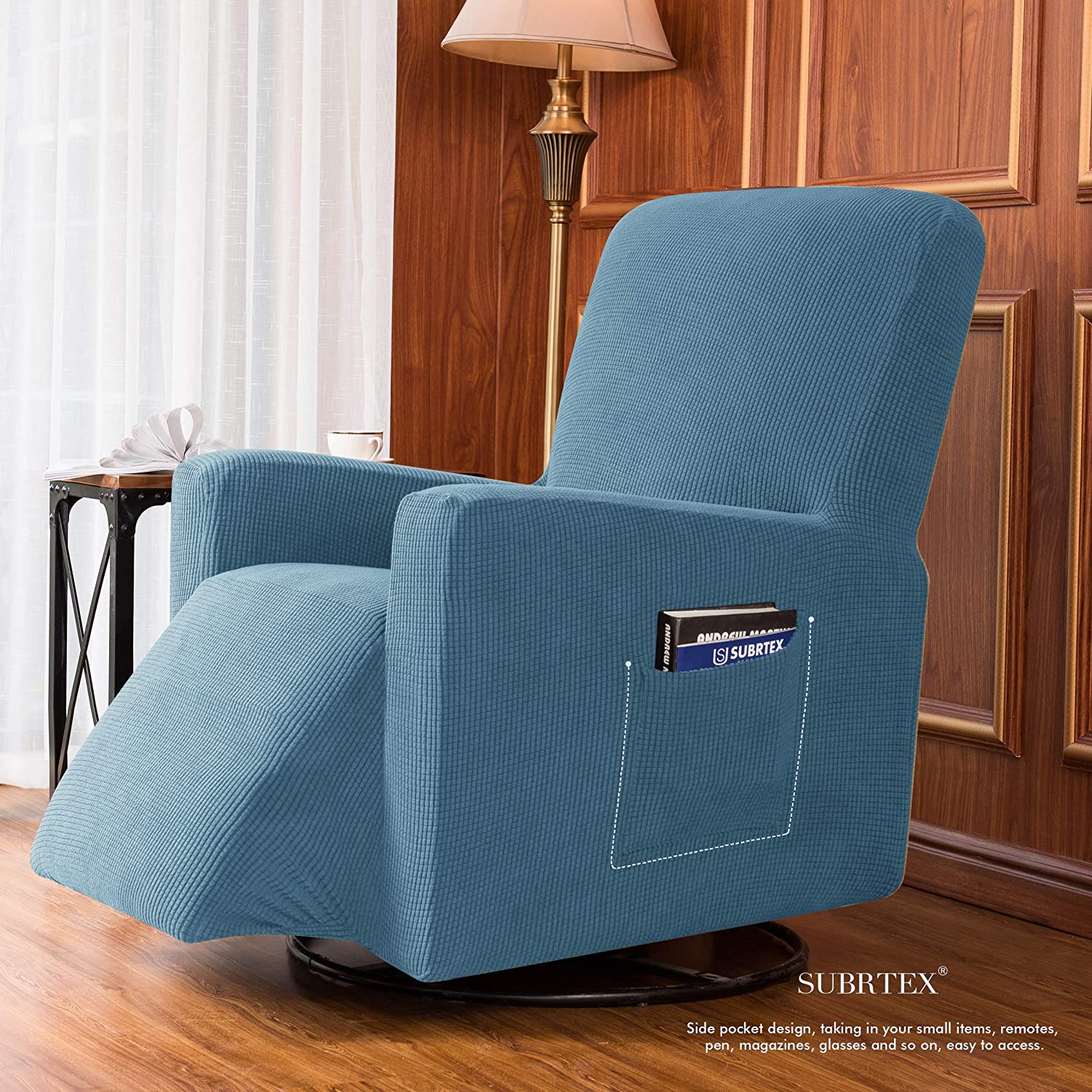 Subrtex Stretch 1-Piece Textured Grid Recliner Slipcover, Denim Blue