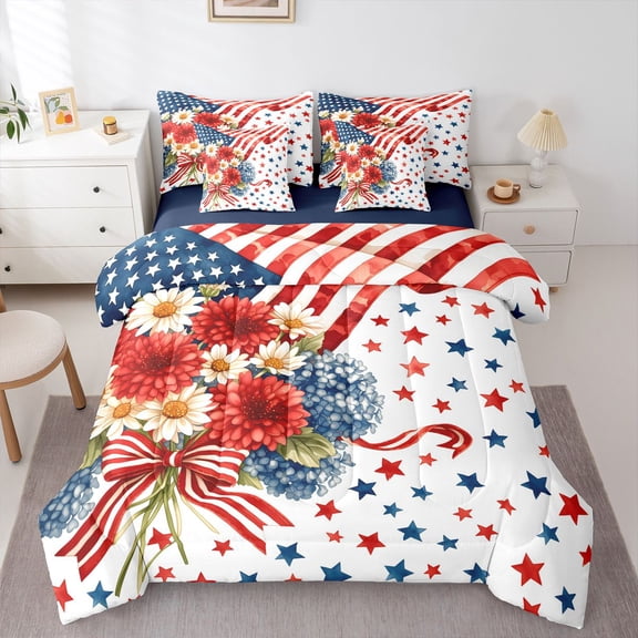 Manfei Watercolor Flowers Stars 7-Piece Twin Bedding,Us Flag 4Th Of July Bedding Comforter Set,Red White Blue,Navy Blue Reversible