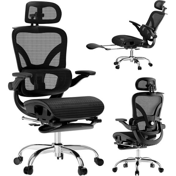 Ergonomic Mesh Office Chair, Home Desk Chair Comfy High Back with Adjustable Lumbar Support, 3D Headrest, Flip-up Arms, Big and Tall Reclining Computer Gaming Chairs for Men Women, Black