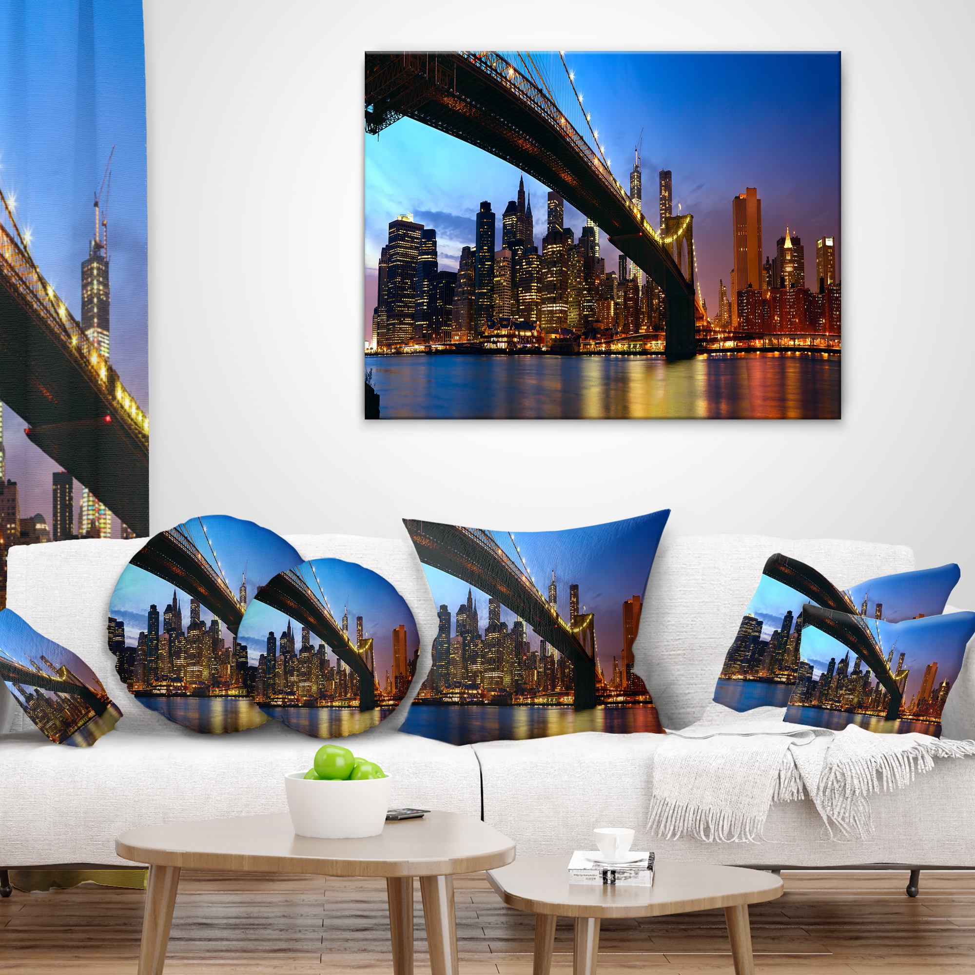 Designart Manhattan City with Bridge under Blue Sky - Cityscape Throw Pillow - 18x18