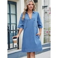 thumbnail image 4 of Womens Denim Shirt Dress Summer Collared V Neck Mini Casual Jean Dresses with Pockets Light Blue S, 4 of 8