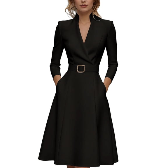 Rggeeun Womens Dress Solid Color Elegant Ankle-Length V-Neck Long Sleeve Loose Fit Soft Fabric With Waist Shirring Design & Sashes Belt For Summer Work Office Casual Wear,Black,L