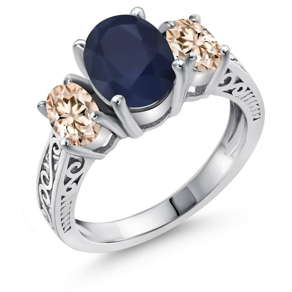 Gem Stone King 925 Sterling Silver Blue Sapphire and Peach Morganite 3-Stone Women Ring (3.20 Cttw, Gemstone Birthstone, Size 6)
