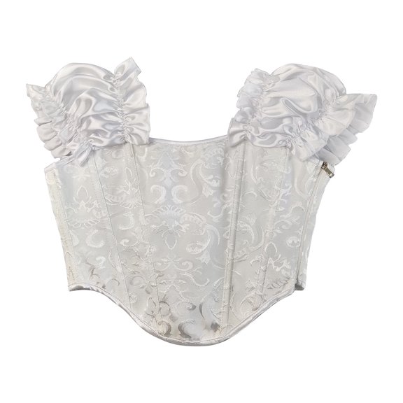 Women's Satin Overbust Corset Tops Off Shoulder Bow Tie Straps Floral Pattern Body Suit Shapewear White 3XL