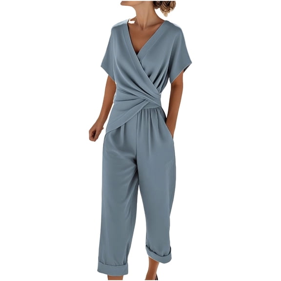 2 Piece Outfits Summer,Women's Plus Size Surplice Short Sleeve Top and Pants Set Asymmetrical Pocketed Two Piece Outfit