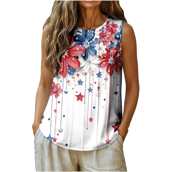 Lpmadey Women's 4th of July American Flag Tank Top, Butterfly Cross Print Sleeveless Blouse, Loose Pleated Casual Summer Top