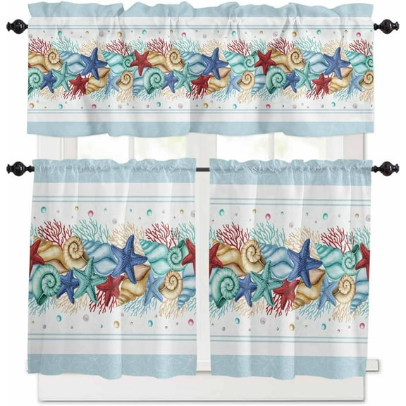 3-Piece Kitchen Curtains and Valances Set Watercolor Starfish Shell Coral Rod Pocket Soft Kitchen Curtain Set Washable Kitchen Window Curtains Set Summer Sea Blue