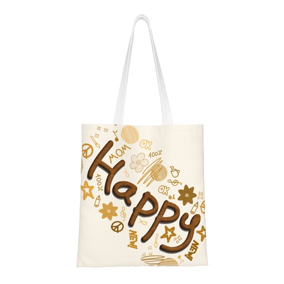 YFYANG Reusable Cotton Canvas Tote Shopping Bag, Khaki Happy Doodle Washable Portable Grocery Bag for Daily Travel