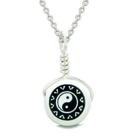 Lucky Ying Yang Balance - Handcrafted Cute Ceramic Lucky Charm Black White Yin Yang Balance Amulet Pendant 18 Inch Necklace