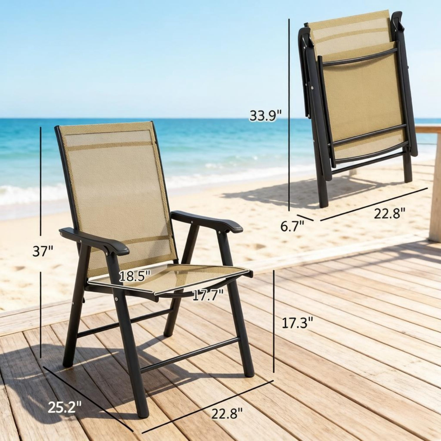 Outdoor Folding Chairs Set of 4, Portable Lawn Chairs with Breathable Sling Mesh, Powder-Coated Steel Frame, Armrests for Camping, Patio, Beach, Events, Black & Brown