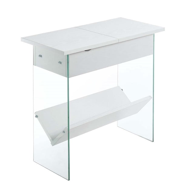 SoHo Electric Flip Top End Table in White Wood Finish and Clear Glass