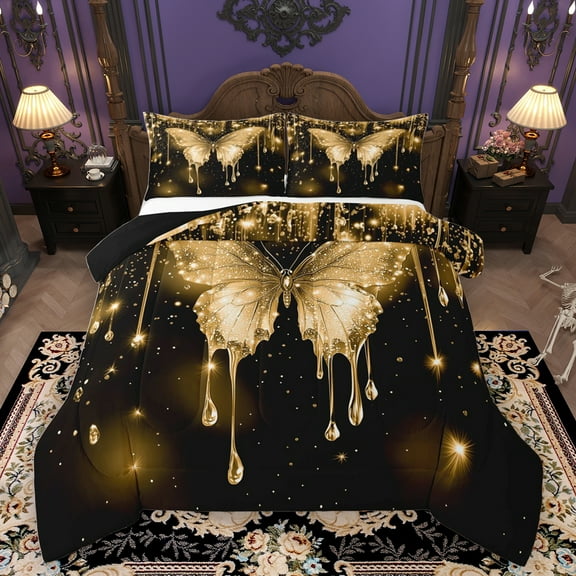 Homewish Romantic Butterfly Animal Bedding Comforter Set, Gold Sequin Print Twin Comforter Sets, Couple Anniversary Reversible Bedding Set, Luxury Bedroom Decor, 2-Piece