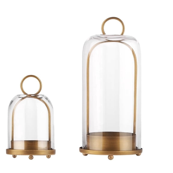 5" & 4" Wide Versatile Metal Candle Holder with Handmade Sturdy Glass Dome in Brass for Pillar Candle & Plants, 5.8" xH12.6 4.2" xH8.1, Industrial, Farmhouse, Shabby Chic. (2, Brass, Large & Small)