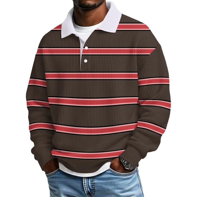 Ceisia Men's Vintage Waffle Knit Polo Sweater | Loose Drop-Shoulder Color Block Striped Long Sleeve Pullover Gifts