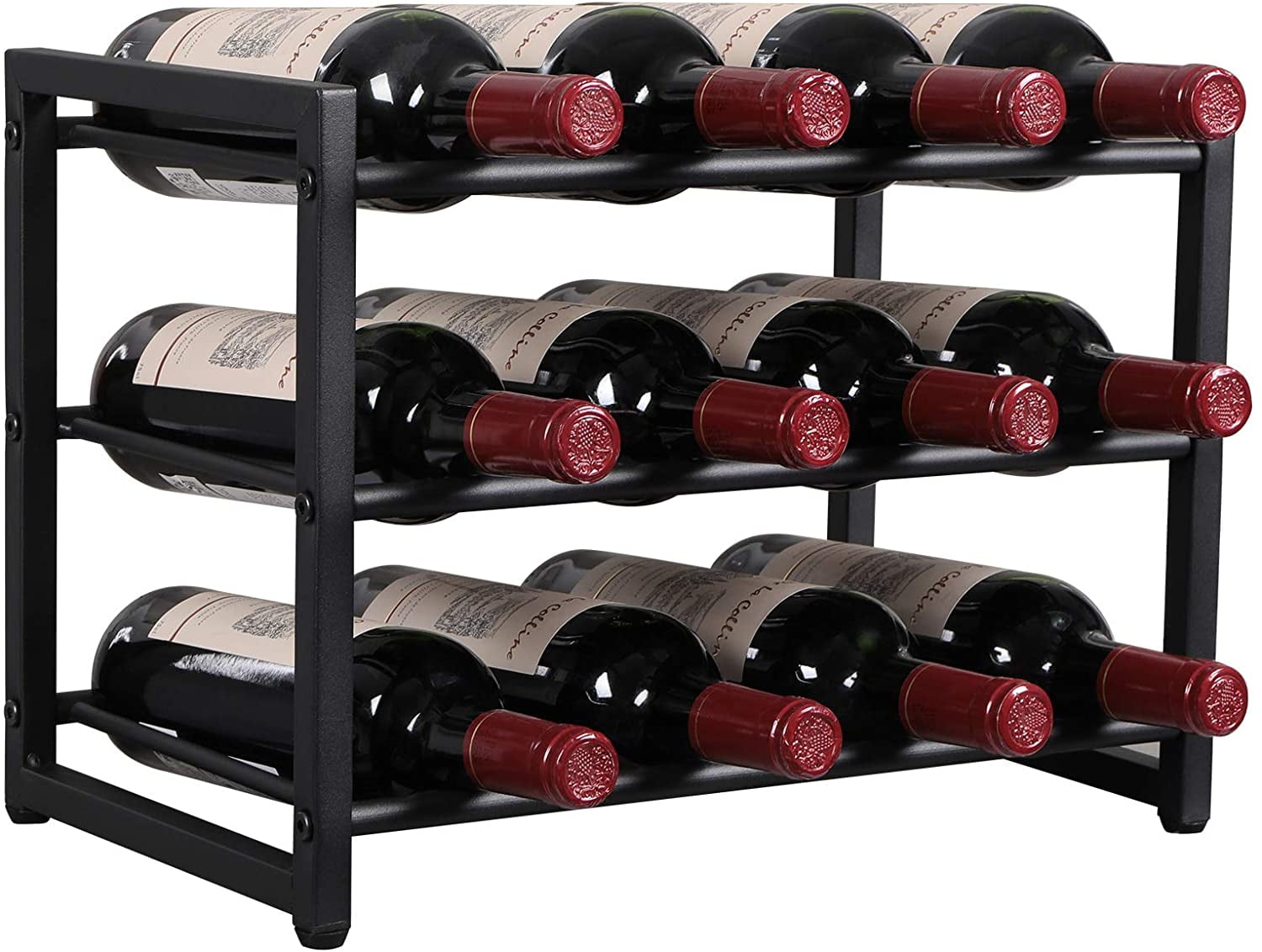 OROPY 12 Bottle Metal Wine Rack Free Standing/Wall Mounted Wine Storage Holder Black 3-Tier Industrial Style Vintage Home Decorations for Cabinet/Cupboard/Countertop 