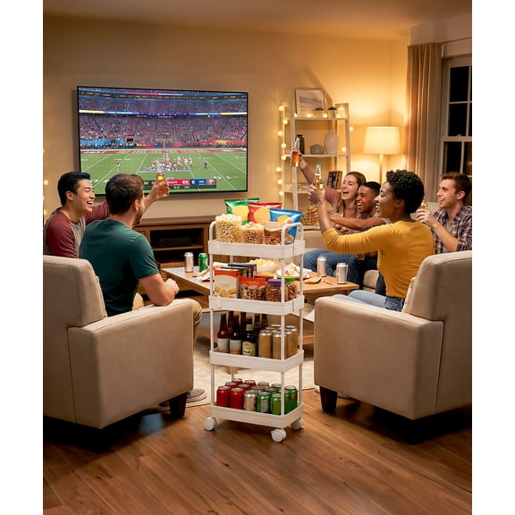 4 Tier Utility Rolling Cart, Mobile Storage Cart with Lockable Caster Wheels, Handle & Hooks, White