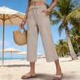 thumbnail image 5 of Cotton Linen Pants Womens Straight Leg Casual Capris 2026 Summer Beach Vacation Cropped Trousers Plus Size Drawstring Capri Pants Beige XL, 5 of 5