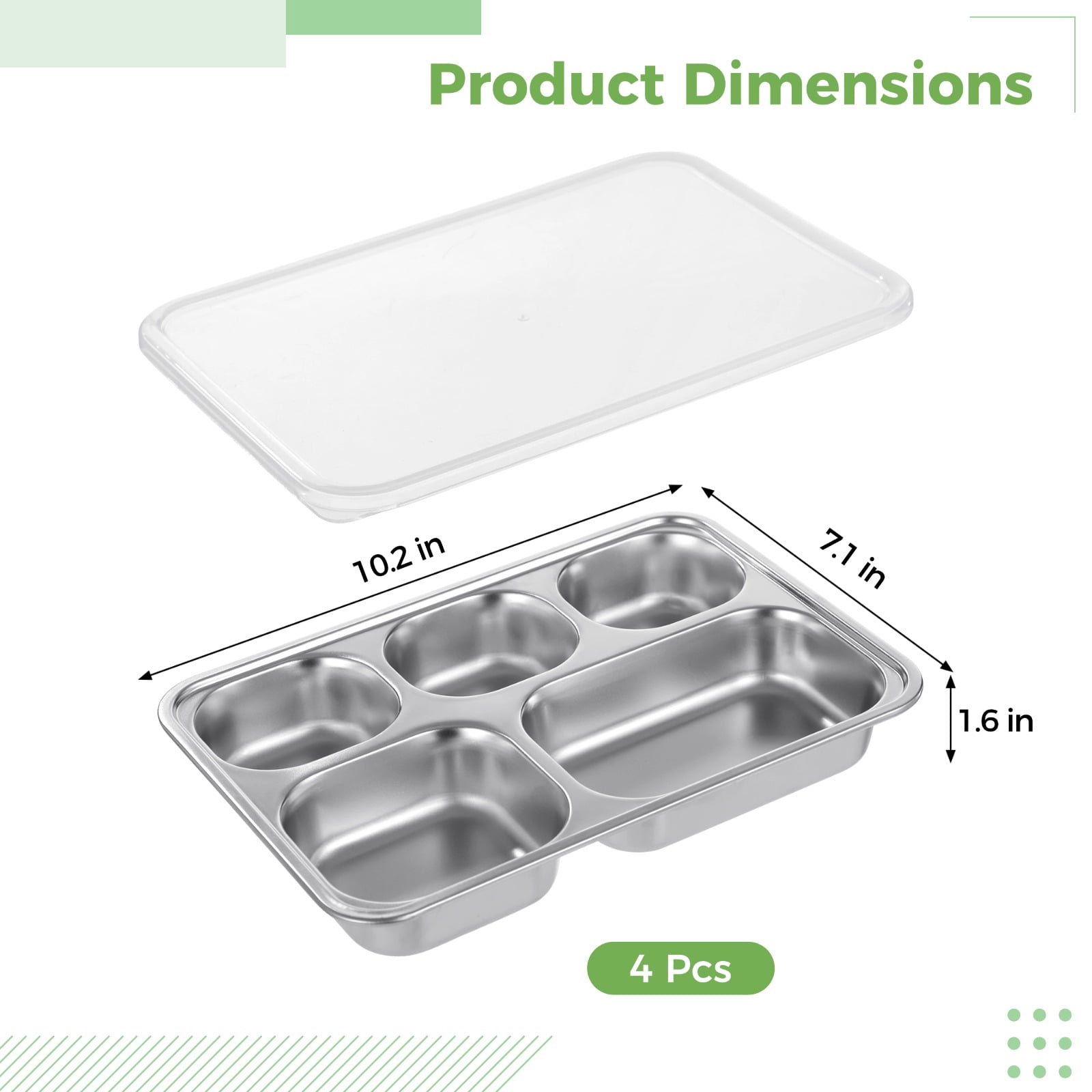 4 Pcs Stainless Steel Snack Containers, 5-compartment Bento Boxes with Lids, Deep Large Metal Lunch Trays, Stackable Divided Lunch Containers for Home, Office, Travel