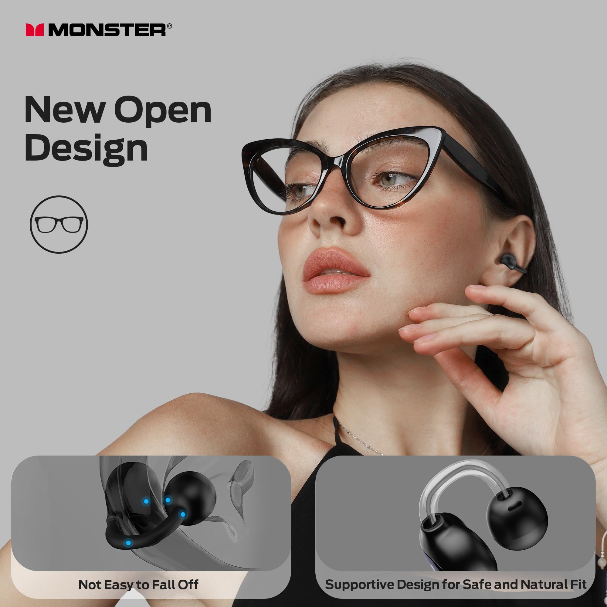 Monster Open Ear Earbuds, Bluetooth 6.0 Earphones Stereo Sound, Open Ear Clip Wireless Earbuds 40 Hours Playback, with Smart Digital Display Design, Touch Control, IPX6 Waterproof