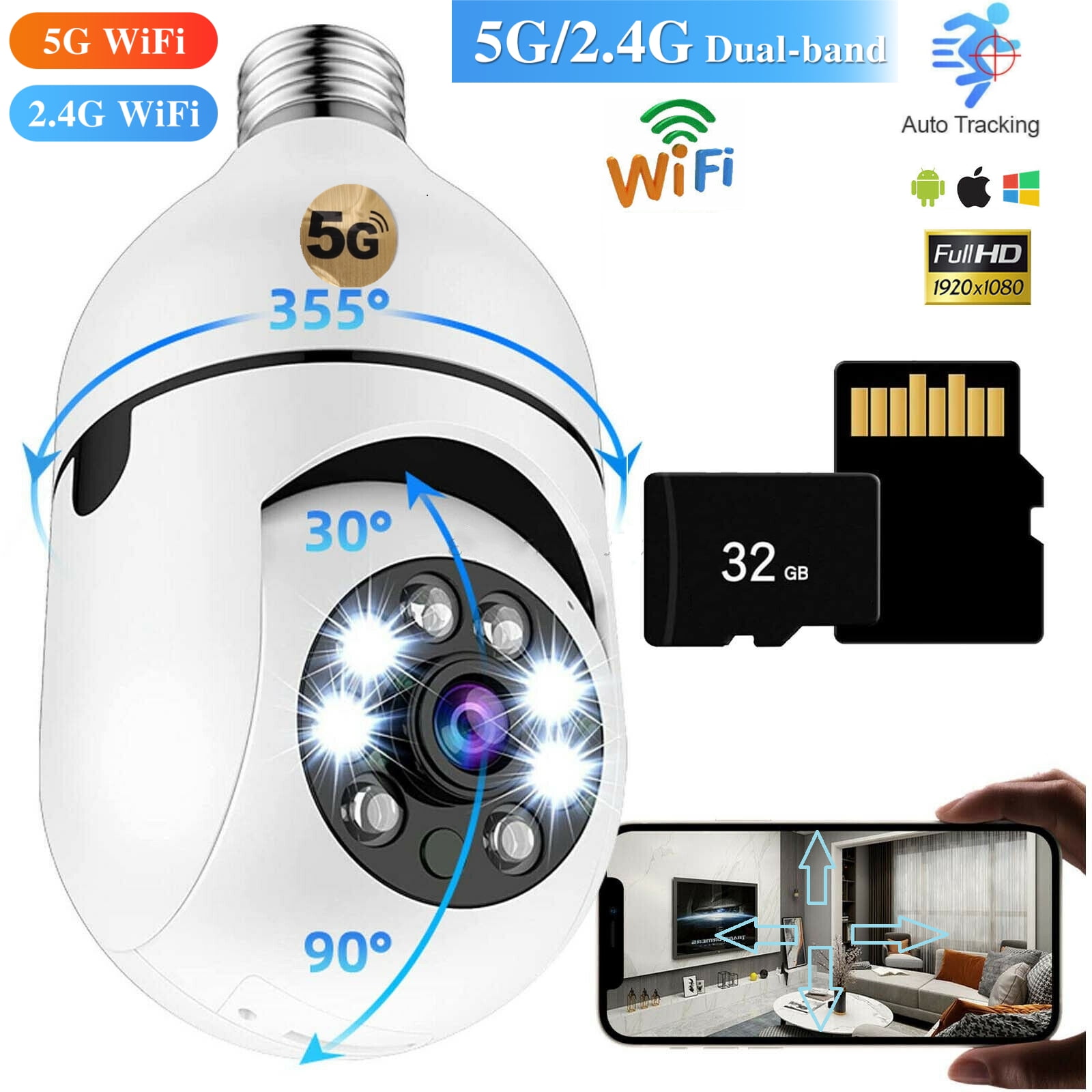 Dazone 5GHz WIFI Light Bulb Camera With 32GB TF Card, 1080P Wireless 360 Degree Panoramic E27/E26 Home Security Surveillance IP Camera CCTV Cam, Night Vision,Two-Way Audio,Motion Detection, 5G&amp;2.4G