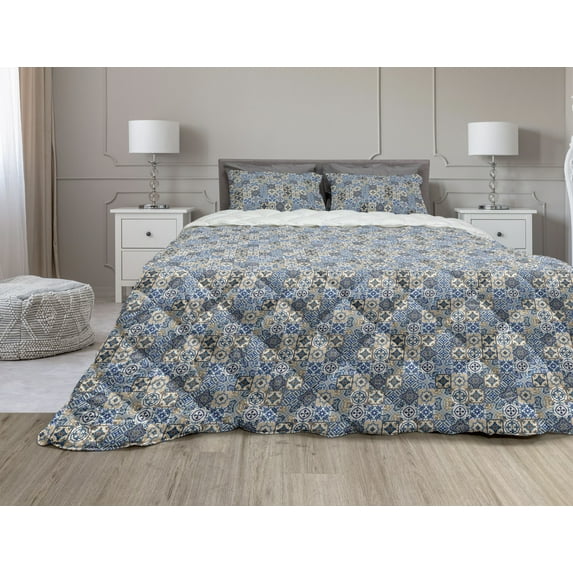 Moroccan Comforter & Sham Bedding Set, Tile Pattern with Portuguese Traditional Azulejo Motifs Oriental Curls, 3 pcs Duvet Set Microfiber Filling Quilt, 5 Sizes, Blue White Pale Brown, by Ambesonne