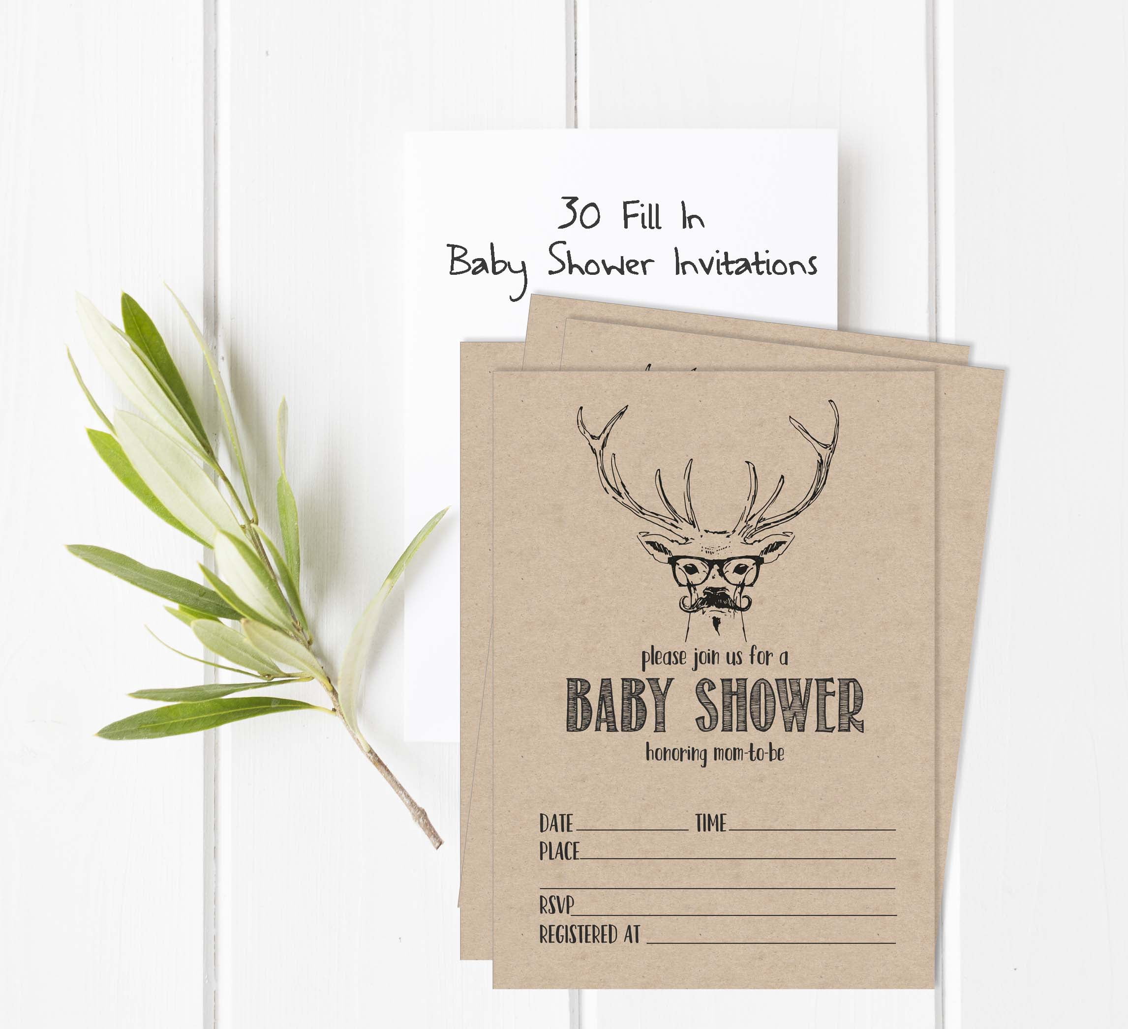 Inkdotpot 30Deer Jungle Animals Baby Shower Rustic Invitation Cards Gender Neutral Fill In Blank Invites