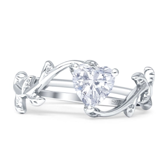 Heart Leaf Art Deco Promise Ring Cubic Zirconia White Gold 925 Sterling Silver, Size 5