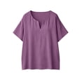 thumbnail image 4 of Camisa de Mujer de Manga Corta - Playera Casual Ligera de Aspecto Lino, Tops de Verano Transpirables de Ajuste Holgado con Cuello en V para Viaje y Vacaciones, Morados M, 4 of 6
