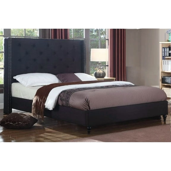 Black Fabric Eastern King Size Bed, Tufted Wingback Headboard, Nailhead Accent Upholstered Bed Frame