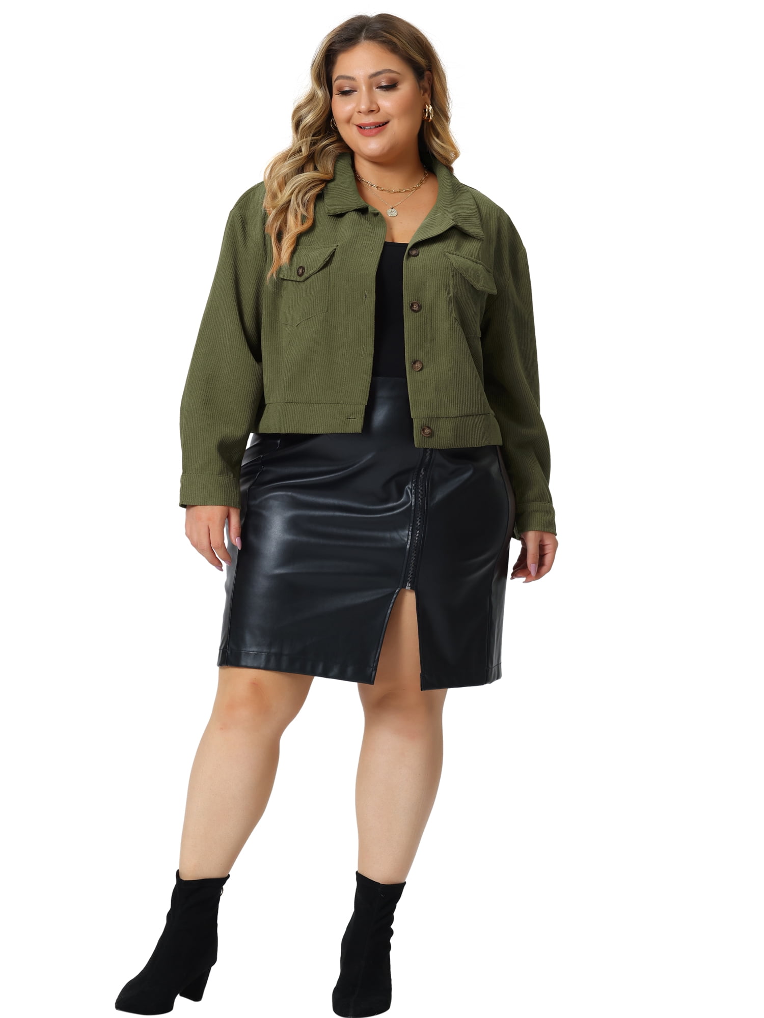 DARING DIVA Women's Plus Size Button Down Long Sleeve Shacket Jacket 2X Army Green