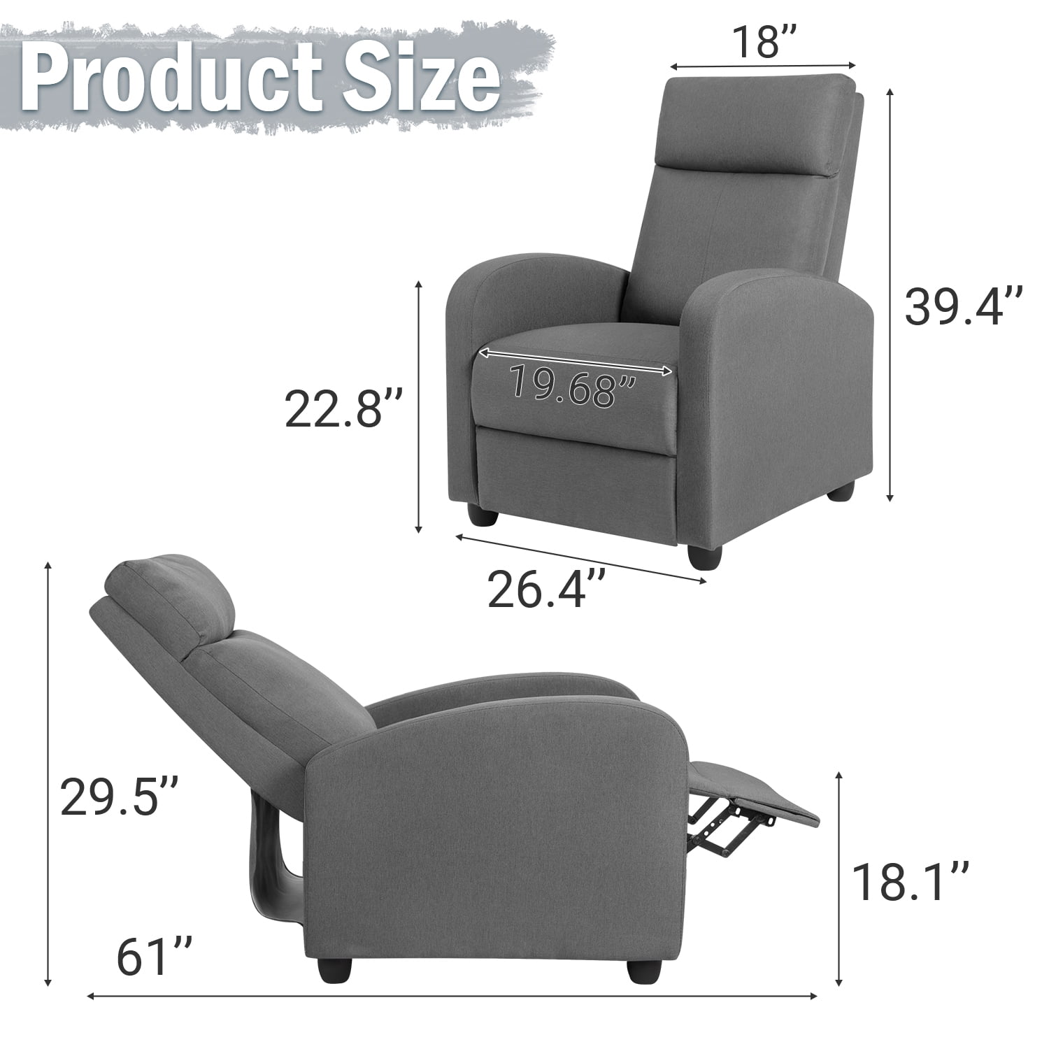 Vineego Massage Sofa Chair,Adjustable Fabric Recliner Home Theater Seating with Padded Backrest and Thick Seat Cushion ,Gray