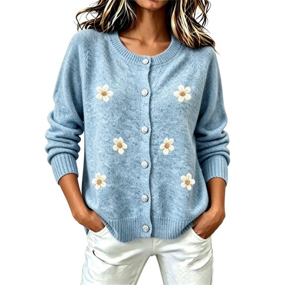 Womens Floral Cardigan Sweater Long Sleeve Crew Neck Button Down Coat Fashion Comfy Casual Loose Knitted Outwear (XL, Sky Blue-A)