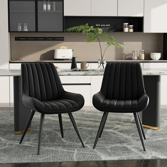 Hawsaiy Modern Dining Chairs Set of 2, Cat Scratch-Resistant Faux Leather Upholstered Kitchen Side Chairs with Thick Cushions & Metal Legs, Black