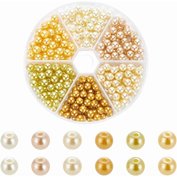 300Pcs 6 Colors Yellow Pearl Glass Beads 6mm Yellow Round Assorted Loose Glass Pearl Beads Pearl Craft Beads with Holes Luster Pearl Spacer Glass Beads DIY for DIY Crafts Jewelry Making Bracelets