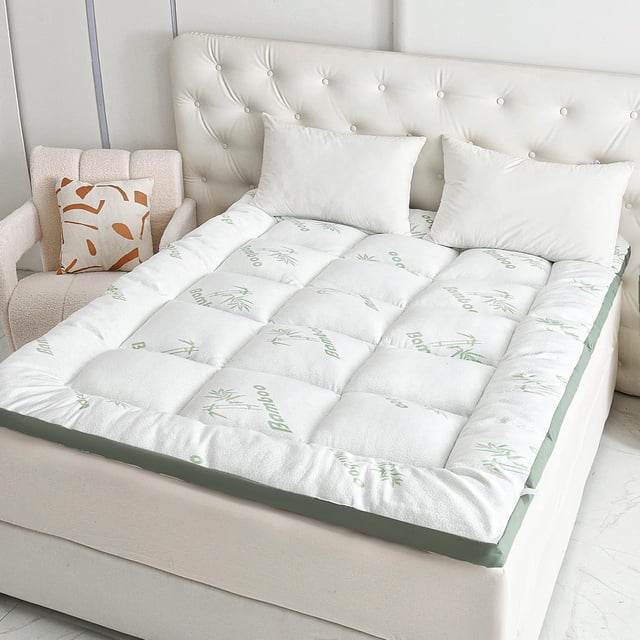Extra Thick Mattress Topper Queen Size - 1000GSM Cooling Bamboo Mattress Pad Cover - Soft & Plush Mattress Protector - Pillow Top Bed Topper for Firm Mattress,60"x80"