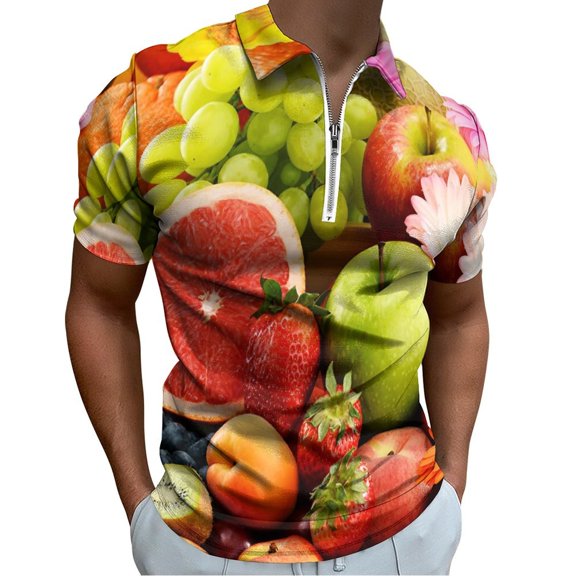 Composition with Assorted Fruits Men Zipper T-shirt Summer Casual Short Sleeve T-shirt Top