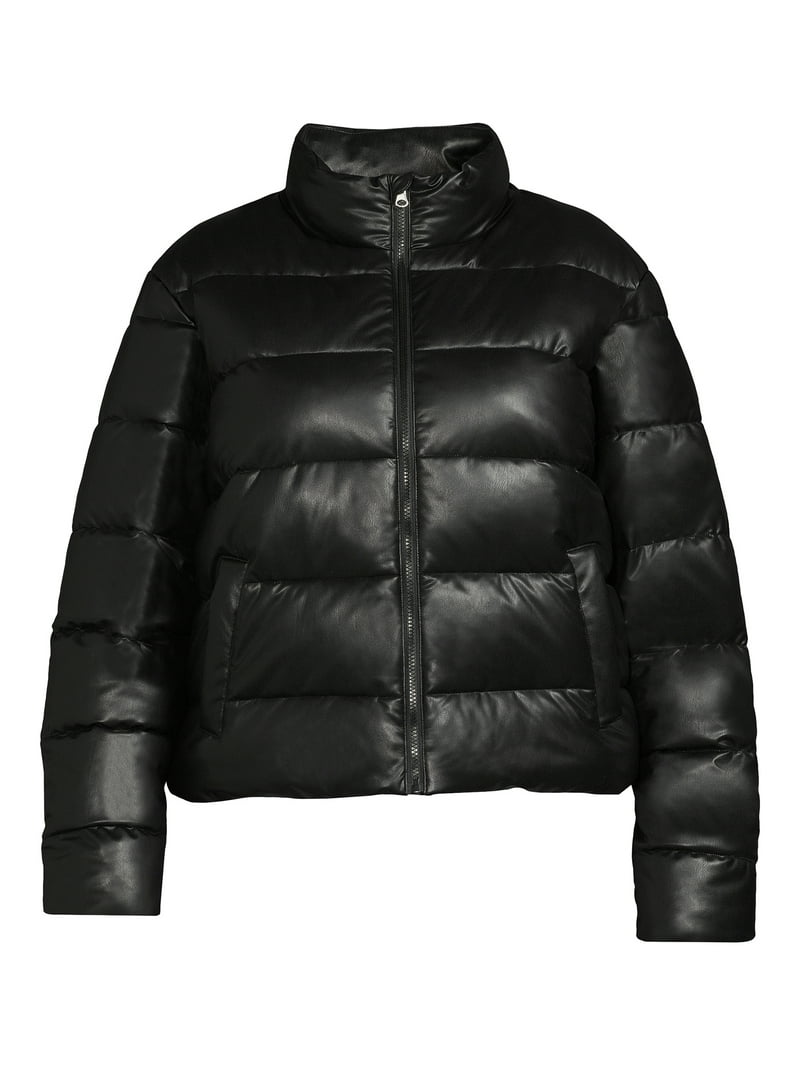 ジャケット・アウター totot Free Shipping! Time & Tru Plus Women's Faux Leather Puffer