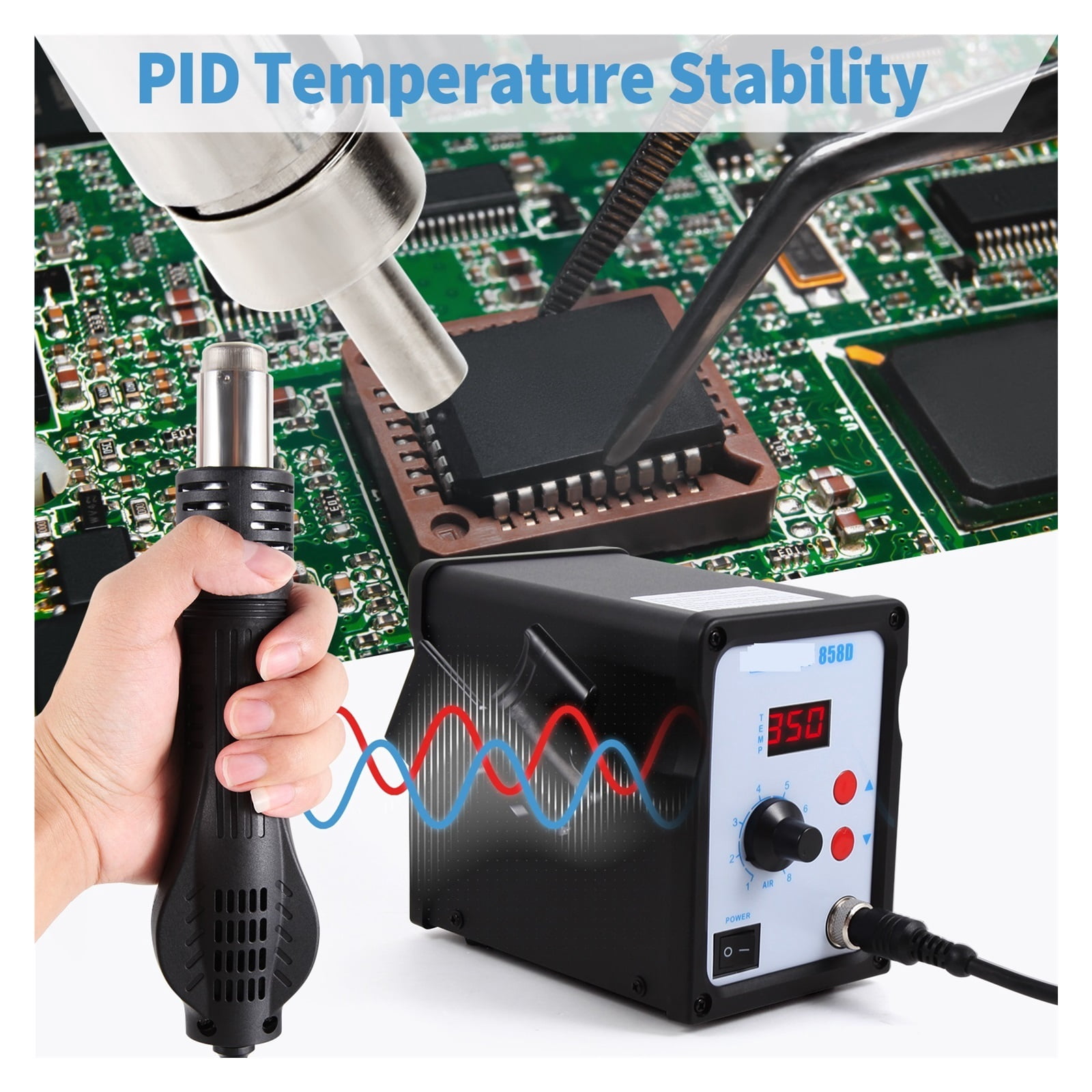 858D Digital Hot Air Rework Station Kit, SMD Heat Gun with 3 Nozzles