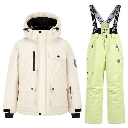 AINIYSBoys Girls Ski Set Waterproof Windproof Thickening Insulated Hooded Jacket Plus Bib Pants 2 Piece Winter Snowboarding Coat Snow Outfit for Kids Green 9-10Years