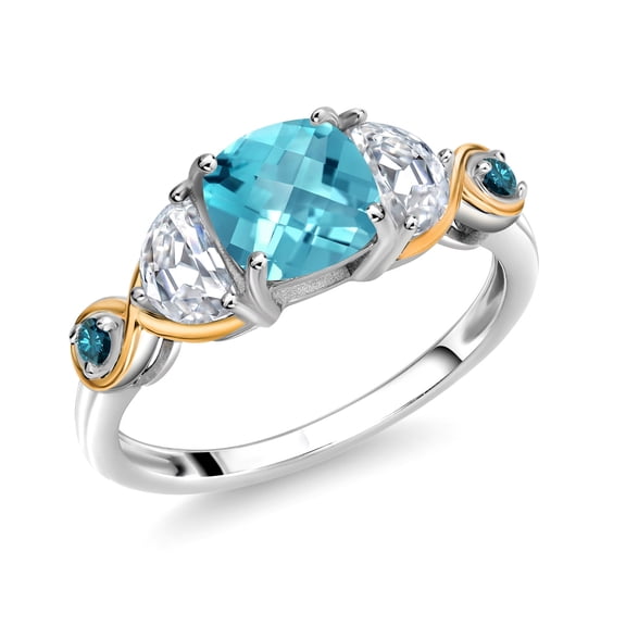 Gem Stone King 925 Silver and 10K Yellow Gold 3-Stone Ring Cushion Topaz Half Moon Moissanite and Blue Diamond (1.79 Carat Cttw) (Size 7)