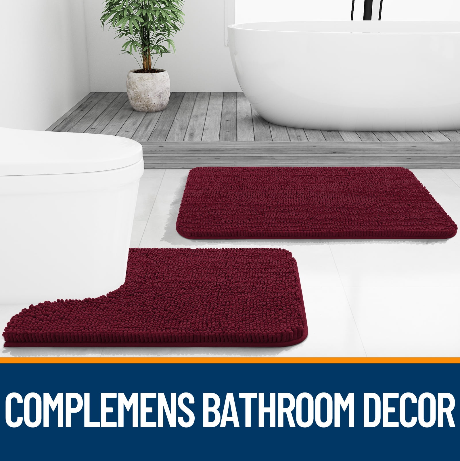 Buganda Bathroom Rugs 30x20, Quick Dry Machine Washable Chenille Bath Mats with Rubber Backing, Burgundy