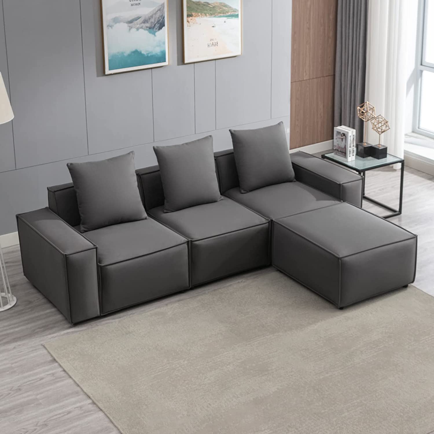 Mjkone Convertible Sectional Sofa with 3 Pillows, Modern Leathaire L