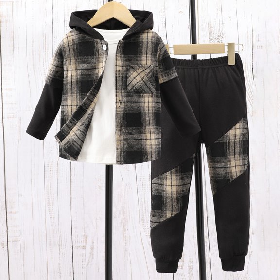 Little Boys Outfits Long Sleeve Patchwork Plaid Prints Hooded Tops Pants Outfits Sets Size 5-6T ,Brown