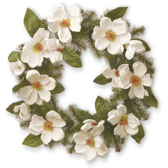 National Tree Company 24 inch Artificial Spring Wreath with North Valley Spruce, Magnolia Flower Blooms, and Evergreen Branch Tips, Realistic Floral Decoration for Front Door or Indoor Décor