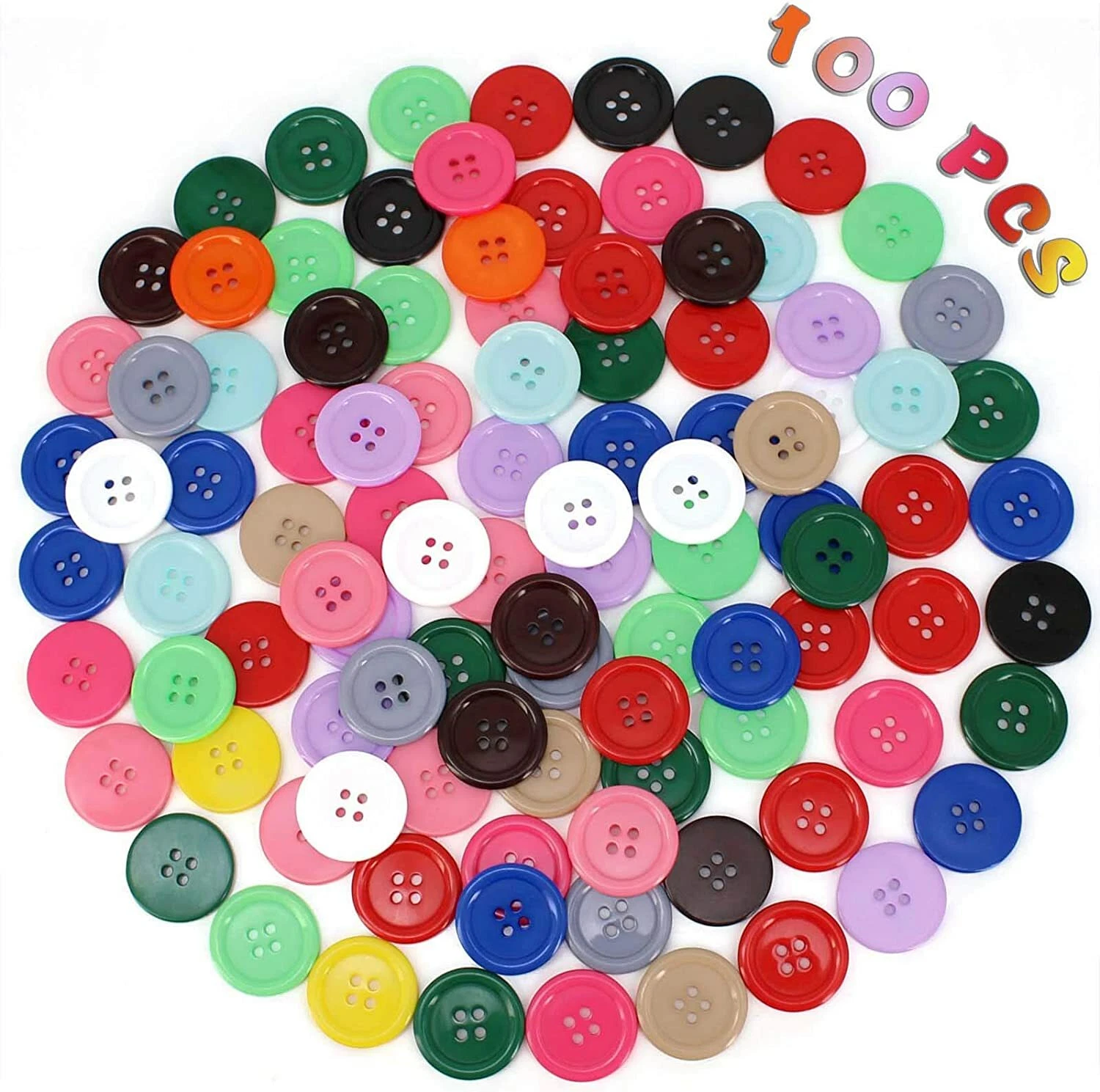 100 Pcs 1 inch Resin Sewing Buttons 15 Colors 4 Holes Flatback Round Multicolor