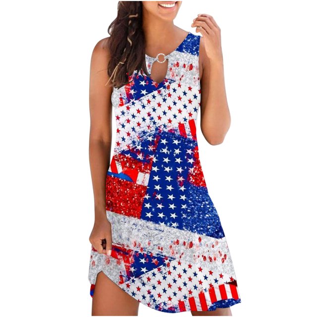 RKSTN Robes d'Été pour Femmes 4 Juillet Col Rond Sans Manches Robe Décontractée Jour de l'Indépendance Drapeau Américain Patriotique Étoile Rayure Imprimée Mini Robes Fluides