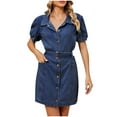 thumbnail image 2 of Xuniizn Denim Dress for Women, Puff Sleeve V Neck Bodycon Summer Dress With Button, Soft Comfortable Vintage Dress, 2 of 7