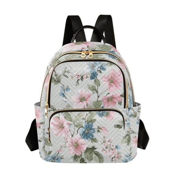 Elegant Blue Pink Florals Leaves Quilted Backpack Fashion Daypack Commuter Bag for Women 8.5 L