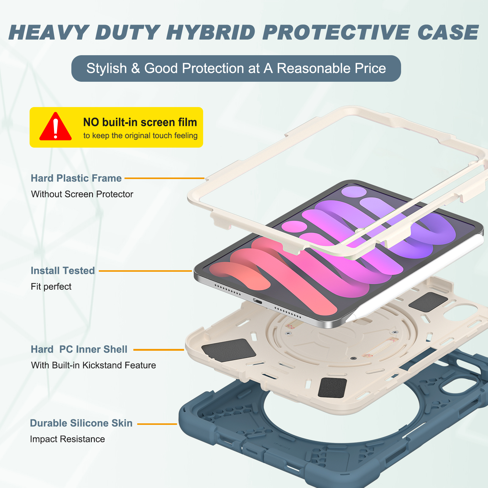 Allytech iPad mini 6 Case 8.3-inch 2021, Military Grade Shockproof Anti-scratch Build-in Pencil Holder Kickstand Hand Strap Protective Case Cover for Apple iPad mini 6th Generation, Blue
